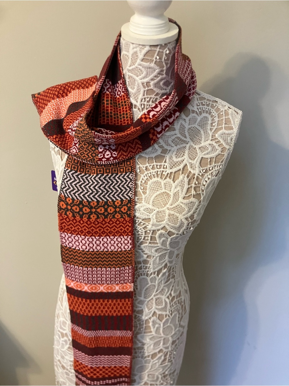Multicolor Patterned Knit Scarf - Orange/Pink Stripe